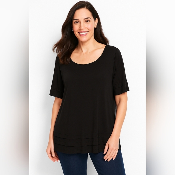 Ivanka Trump Black Boat Neck Blouse XL Stretch Knit Pleated Hem Minimalist - Picture 1 of 7